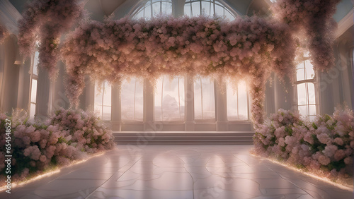 wedding arch decorated with pink flowers. 3d render illustration