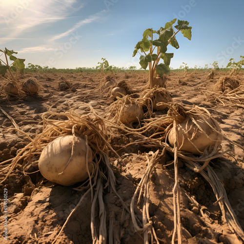 Rotting field of potatoes in france with roots sticking out, caused by climate change and heat