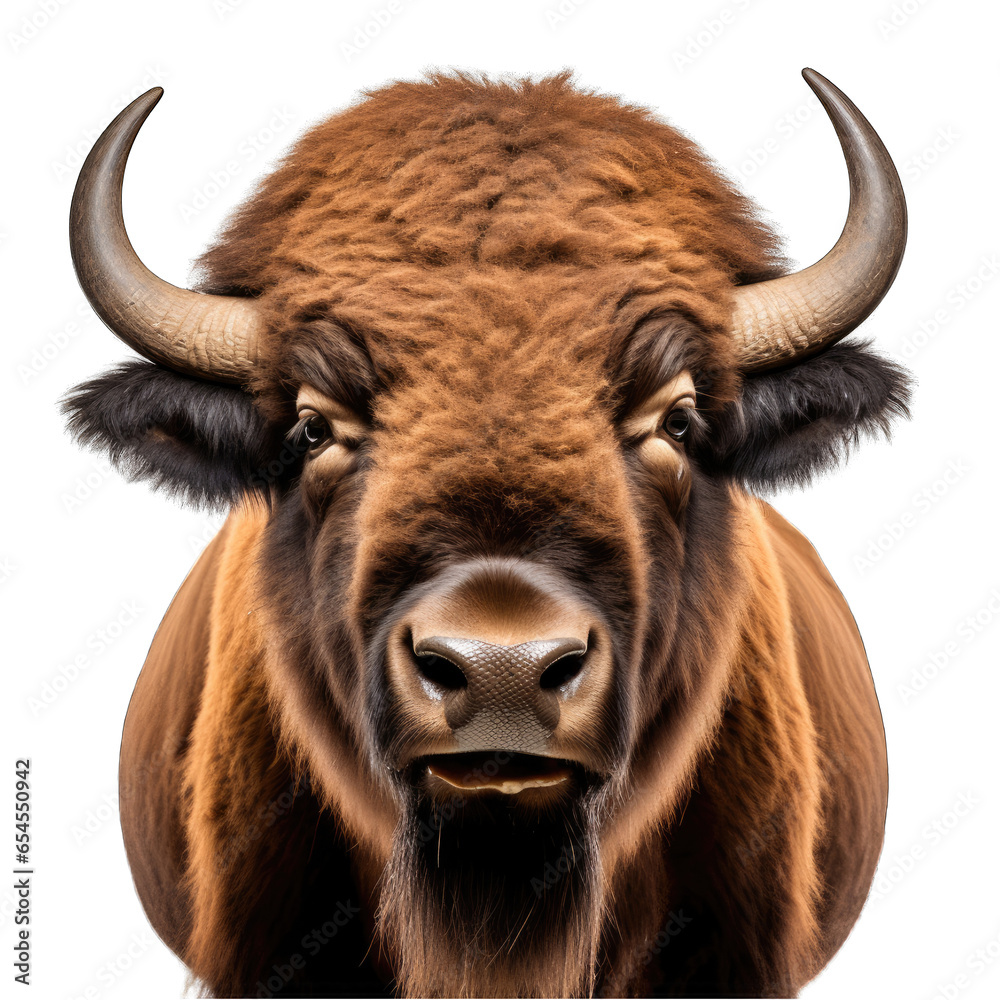 A majestic bison displaying its impressive horns up close A majestic bison displaying its impressive horns up close