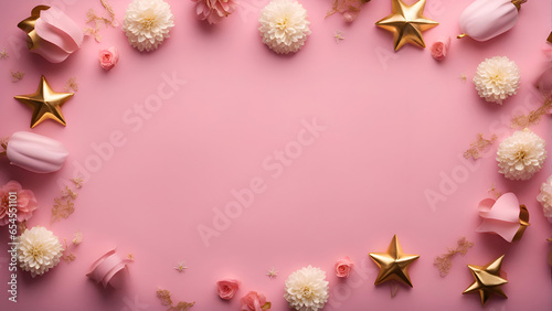 Festive background with pink and gold confetti and flowers. Flat lay. top view.