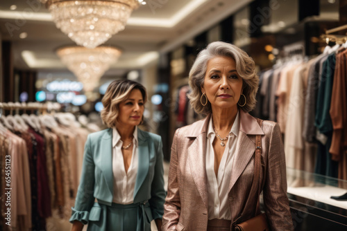 An elegant mature woman exploring a high-end boutique in a shopping mall, admiring the expensive cloths. Generative Ai