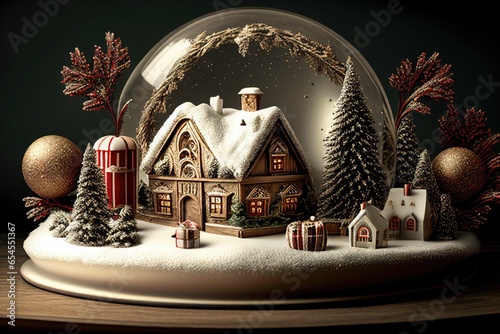 Snow globe with christmas houses and christmas decorations. Generative AI