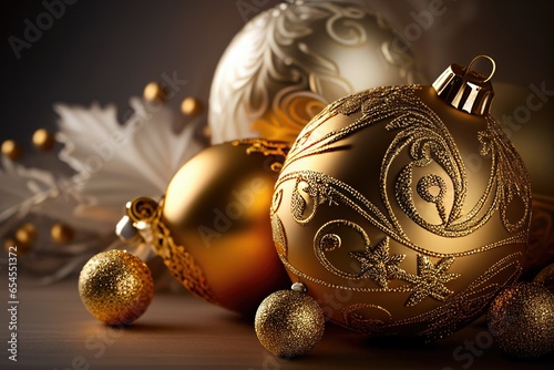 Golden christmas balls on a wooden background. Generative AI