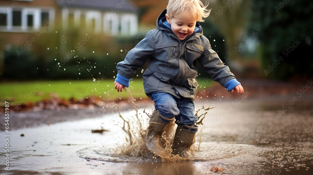4 year old boy jumping in a puddle. Blond boy in raincoat and wellies. - obrazy, fototapety, plakaty 