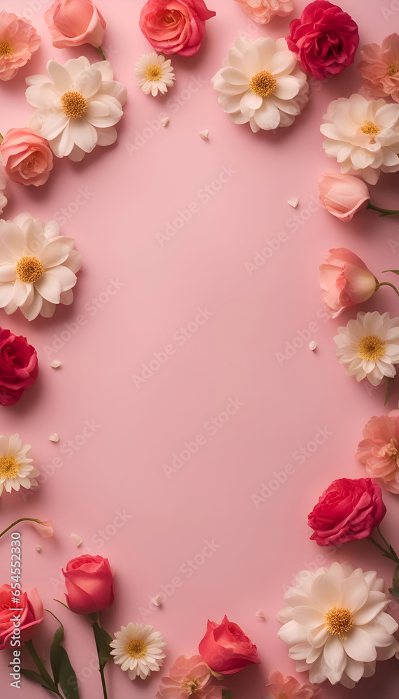 Flowers composition. Frame made of roses on pink background. Flat lay. top view. copy space