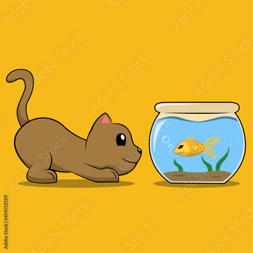 Vector de un tierno gato mirando a un pez, ilustración de mascota felina, vector de animales domésticos, gato y pez