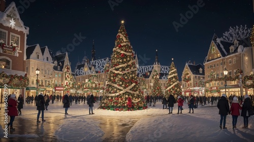 Illuminated by thousands of twinkling lights, a majestic Christmas tree stands in the town square, a beacon of holiday spirit, surrounded by festive decorations