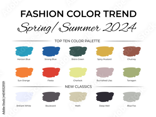 Fashion Color Trend Spring - Summer 2024. Trendy colors palette guide. Brush strokes of paint color with names swatches. Easy to edit vector template for your creative designs.