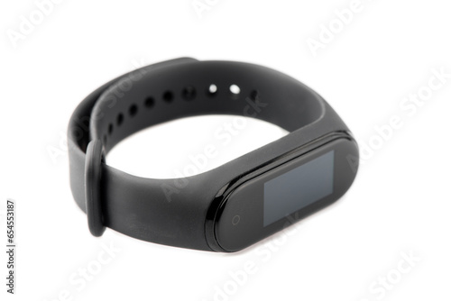 isolated fitness bracelet on white background. fitness bracelet close-up. black fitness bracelet on a white background