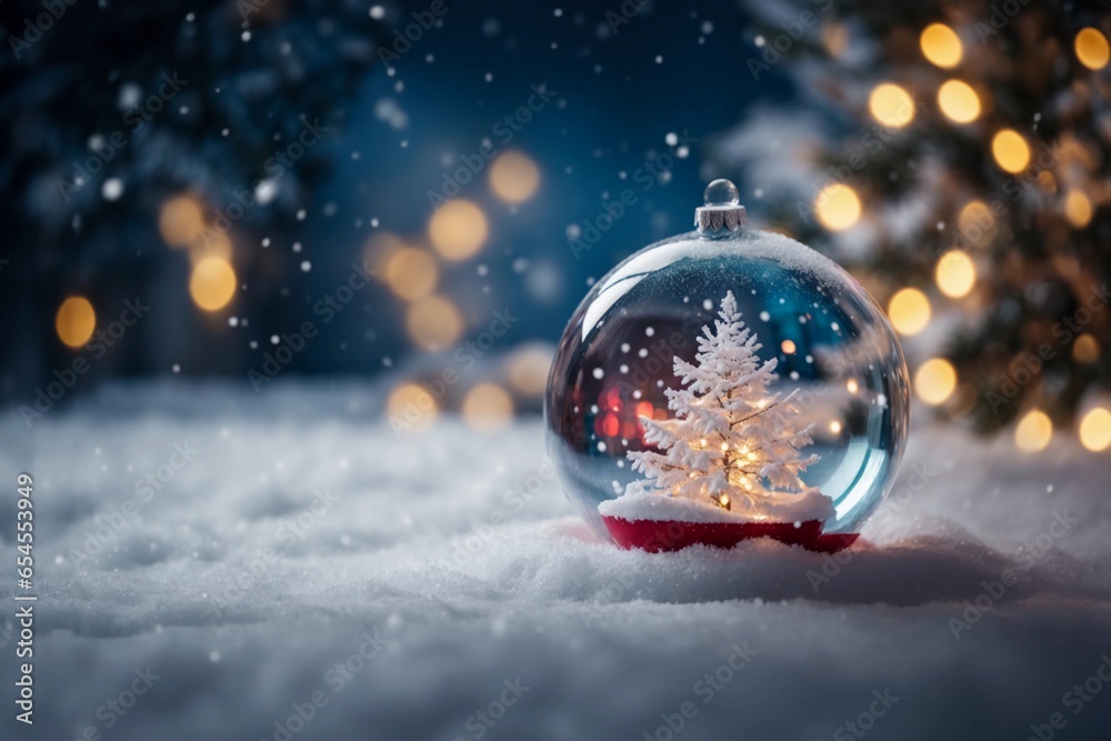 Snow globe with a miniature Christmas tree inside, glowing lights, snowflakes falling, festive scene, winter wonderland setting, Christmas ball ornament, snow backdrop, sparkles, Winter Greeting Card