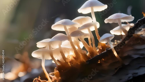 A macro shot of a delicate of toadstools emerging from a decaying log, their fragile stems and umbrellashaped caps seemingly suspended in midair. Each toadstool carries an ethereal Abstract video photo