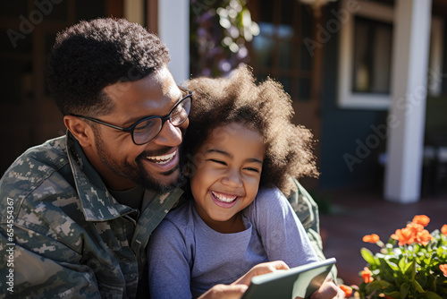 Soldier and father having fun with his kid