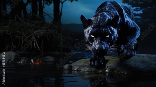 Black panthers dark colored individuals of the genus Panthera, family of cats, black predatory wild animal, powerful fast animal, aggressive 