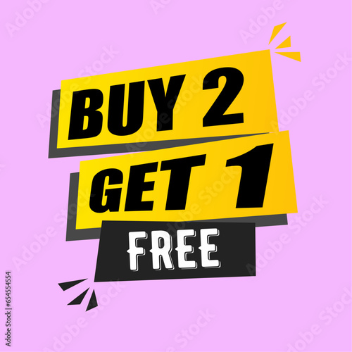 Buy 2 Get 1 Free Offer banner Vector illustration isolated on pink.