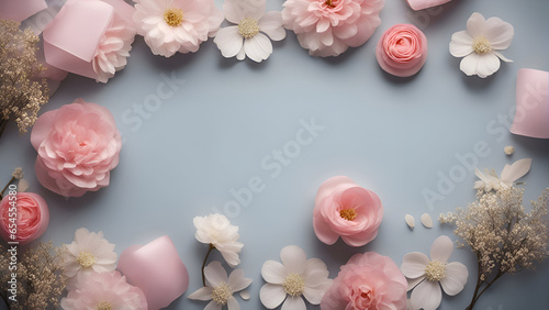 Pink and white flowers on blue background. Flat lay. top view