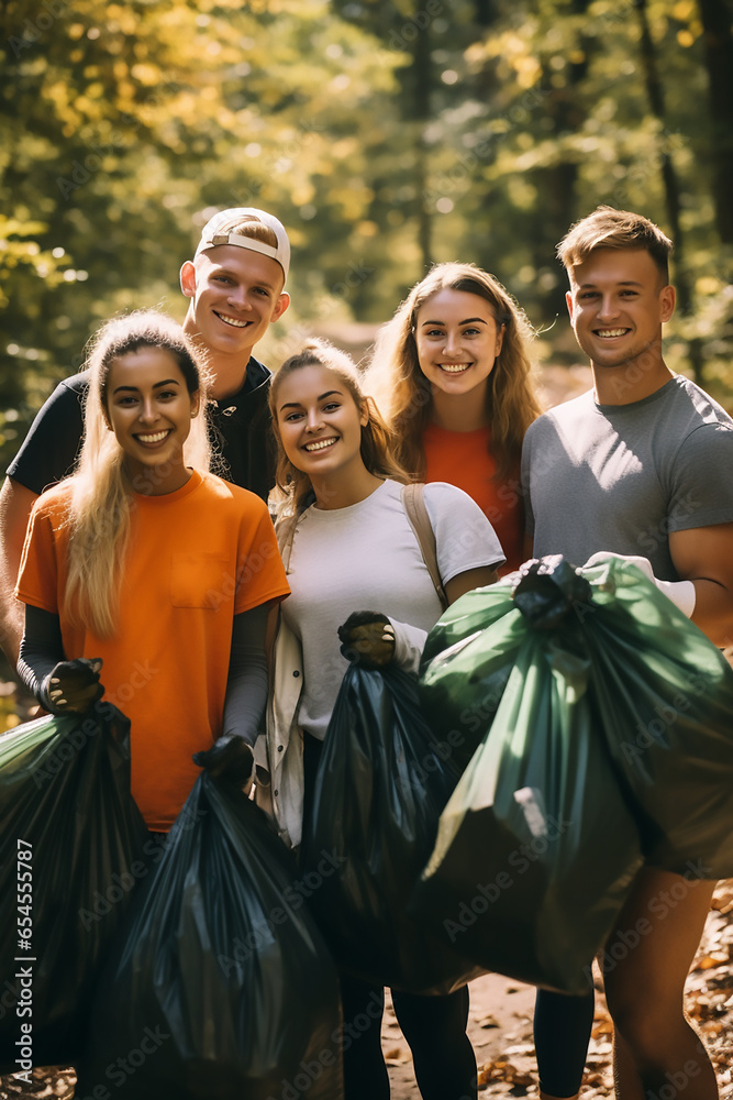 group of people volunteers collect and clean garbage from nature