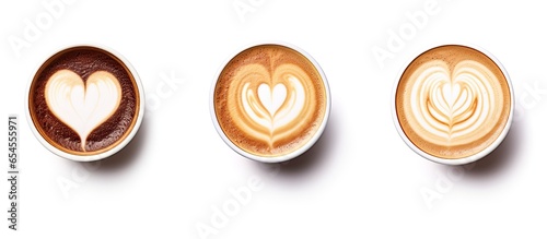 3 coffee styles heart shape love symbol on black cup lover sign on LATTE Cappuccino Mocha cups isolated on white background