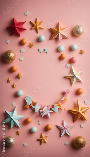 Festive decoration with stars and confetti on a pink background.