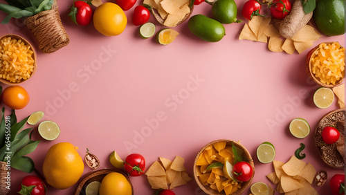 Top view of ingredients for mexican food on pink background with copy space