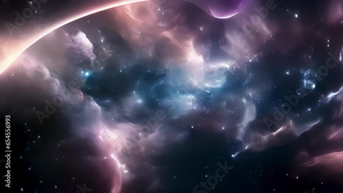 An enchanting portrait of a nebula, displaying ethereal hues and intricate patterns resulting from the gravitational waves generated during the cosmic inflation epoch. Abstract video