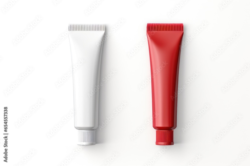 Clean mockups of cosmetic products. Two tubes white and red isolated on white background. Mock ups of tubes for toothpaste, cream, gel, cosmetic sample. Templates for design. Close up. Copy space Clean mockups of cosmetic products. Two tubes white and red isolated on white background. Mock ups of tubes for toothpaste, cream, gel, cosmetic sample. Templates for design. Close up. Copy space