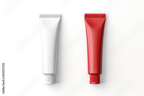 Clean mockups of cosmetic products. Two tubes white and red isolated on white background. Mock ups of tubes for toothpaste  cream  gel  cosmetic sample. Templates for design. Close up. Copy space