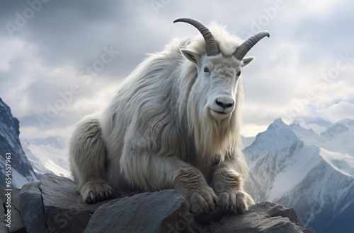 Mountain goat. Snow goat. A white shaggy goat with long white hair and horns stands on a snow-capped mountain peak. Animals in the wild. Close up. Copy space. Oreamnos americanus