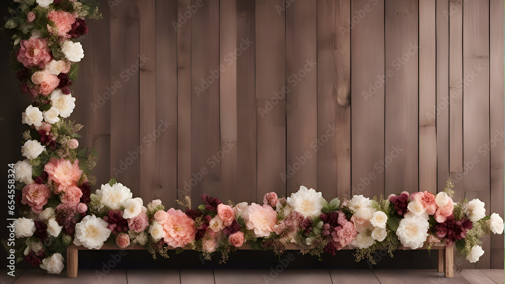 Wedding Decoration Over Wooden Background. 3D Rendering