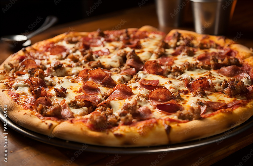 Meat lovers pizza made of tomato sauce, mozzarella cheese, a combination of various meats such as pepperoni, sausage, bacon, and beef