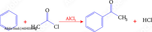 Friedel-Crafts acylation of benzene by acetyl chloride . Vector illustration photo