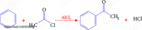 Friedel-Crafts acylation of benzene by acetyl chloride . Vector illustration