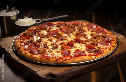 Meat lovers pizza made of tomato sauce, mozzarella cheese, a combination of various meats such as pepperoni, sausage, bacon, and beef