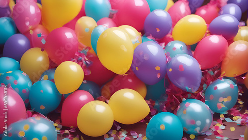 Colorful balloons and confetti on a birthday party with copy space