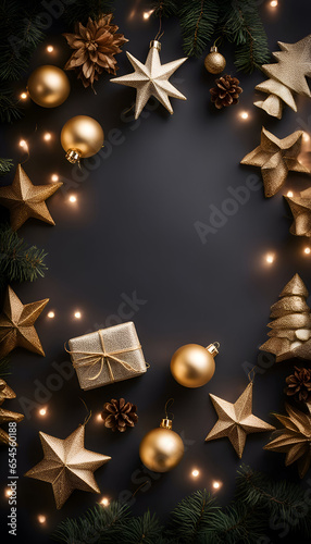 Christmas background with fir tree branches. golden stars. gift box and decorations on black background