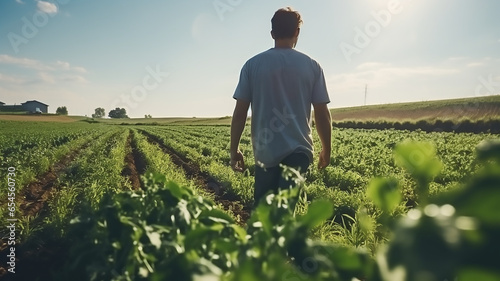 one man farmer stand in the agricultural field
