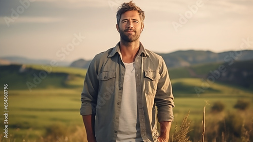 one man farmer stand in the agricultural field photo