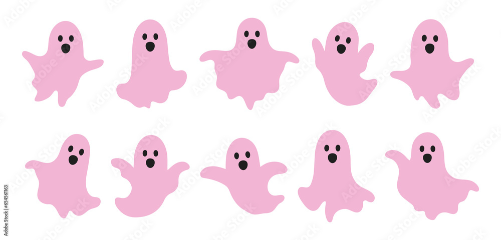 Set scary and funny pink ghosts with faces, isolated on white background. Vector illustration, traditional Halloween decorative elements. Halloween silhouettes pink ghost character - for design decor.