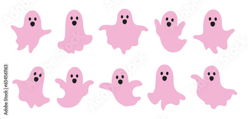 Set scary and funny pink ghosts with faces, isolated on white background. Vector illustration, traditional Halloween decorative elements. Halloween silhouettes pink ghost character - for design decor.