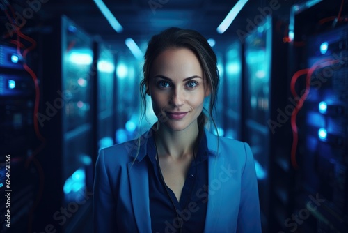 Attractive woman working in server room.
