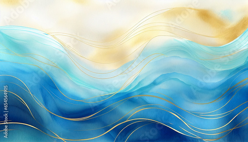 Abstract blue wave with gold lines watercolor texture painting. Colorful art teal, yellow wavy ink lines fairytale background. Bright colorful water waves. Ocean beach illustration mobile web backdrop