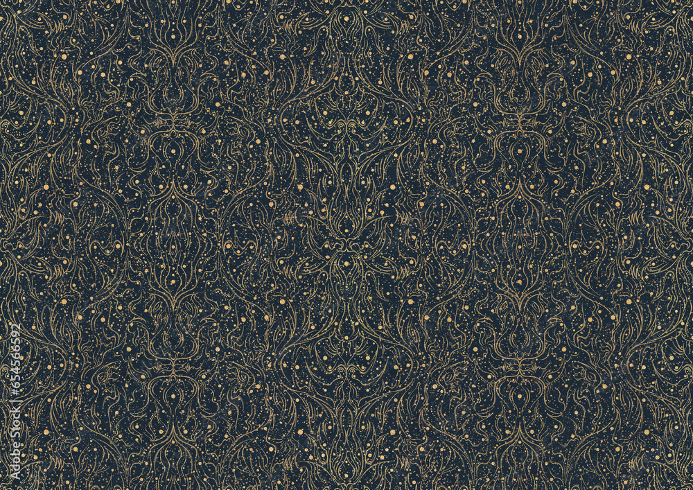 custom made wallpaper toronto digitalHand-drawn unique abstract symmetrical seamless gold ornament with golden glittery splatter on a deep blue background. Paper texture. Digital artwork, A4. (pattern: p11-2b)