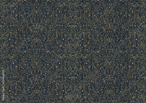 Wallpaper Mural Hand-drawn unique abstract symmetrical seamless gold ornament with golden glittery splatter on a deep blue background. Paper texture. Digital artwork, A4. (pattern: p11-2b) Torontodigital.ca
