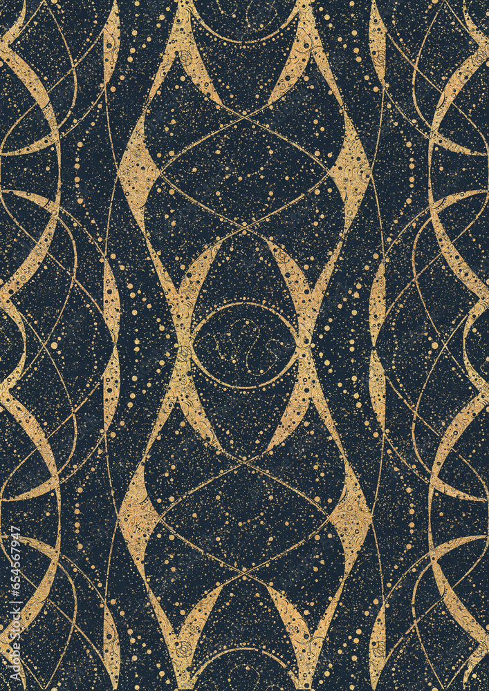 Hand-drawn unique abstract symmetrical seamless gold ornament with golden glittery splatter on a deep blue background. Paper texture. Digital artwork, A4. (pattern: p10-4d)