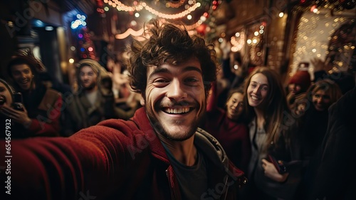 Young happy latin man taking a selfie, celebrating indoors. Generative AI.