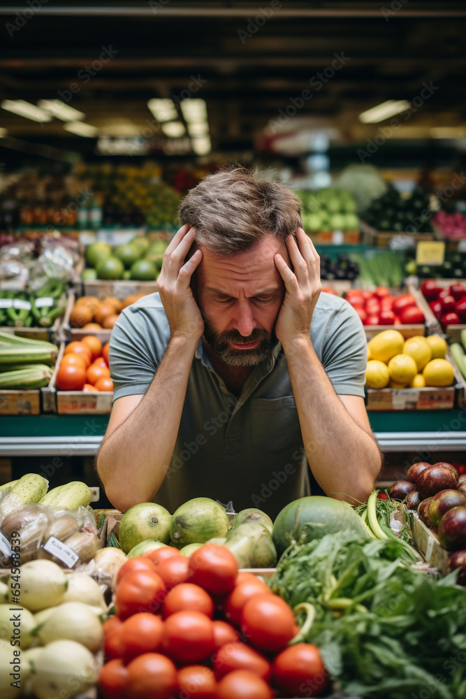 Man holding his forehead while having headache due to higher food prices from inflation.Rising food and grocery store prices and expensive daily consumer goods concept. The problem of inflation. High