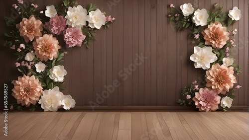 3d rendering of beautiful flowers in the room with wooden wall background