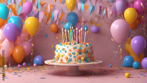 Birthday cake with candles and balloons on pink background. 3d rendering