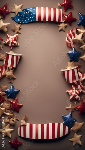 american independence day background with stars and confetti on brown background