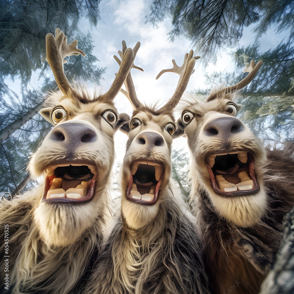 Selfie of Christmas reindeers. Funny expression, comic face. Deers taking a photo outoor with fisheye effect. Animal looking at the camera. Winter wildlife nature. - obrazy, fototapety, plakaty 