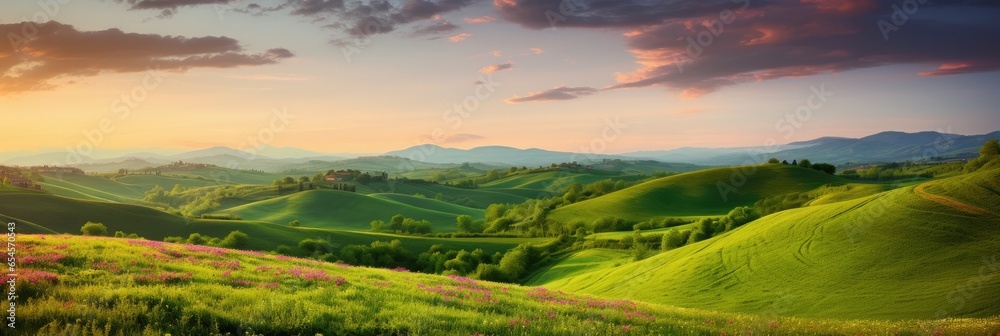 Beautiful panoramic landscape of a green hills with spring flowers - AI Generated